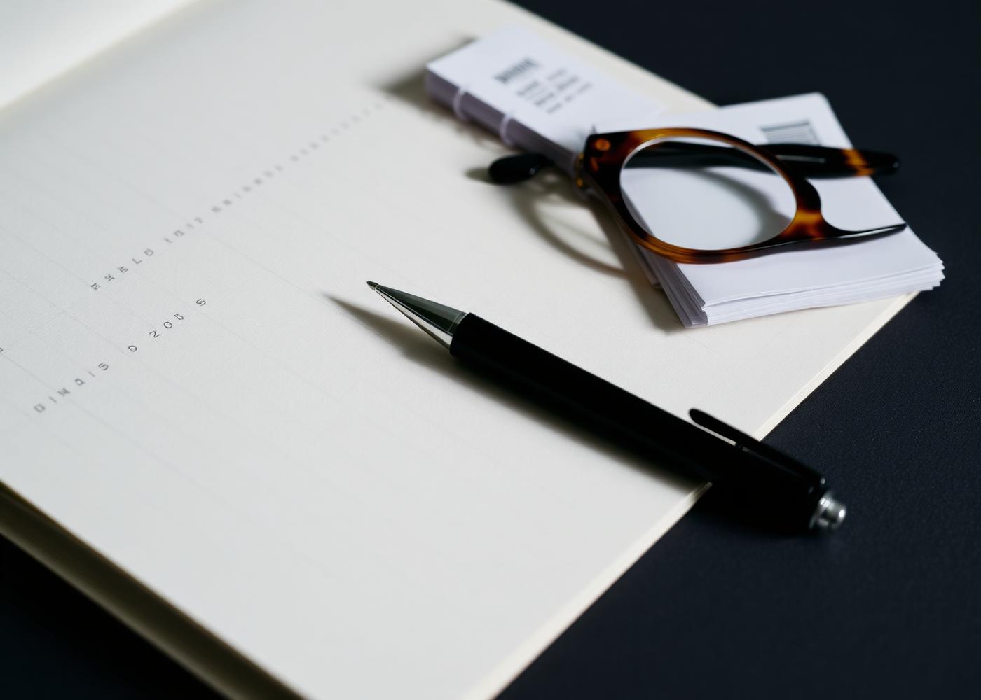 Ledger, glasses, and pen on a dark desk